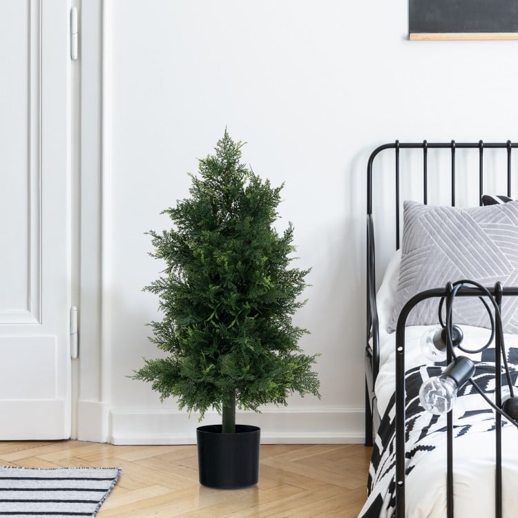 Artificial Cedar Topiary Tree with Plastic Nursery Pot for Porch and Office
