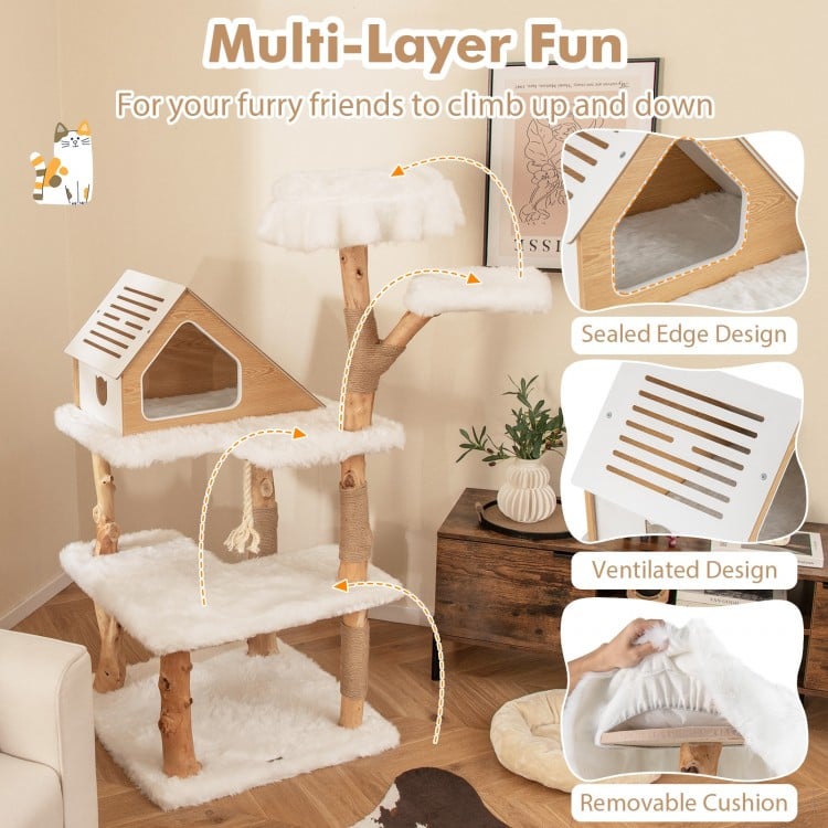 60 Inch Tall Solid Wood Cat Tree Modern Wooden Cat Tower with 2 Perches-White