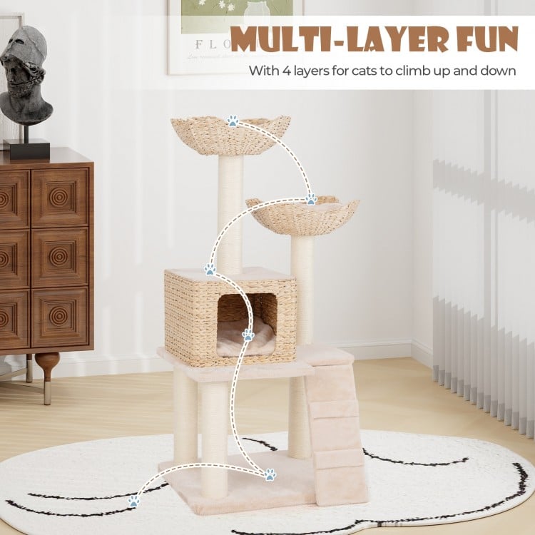 48 Inch Cattail Cat Tower with Sisal Scratching Posts Perch and Condo-Beige