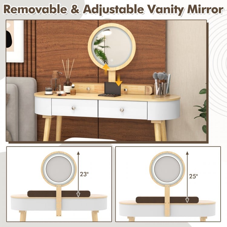 Makeup Vanity Table Set with LED Mirror and 3 Spacious Drawers-White-Natural Wood