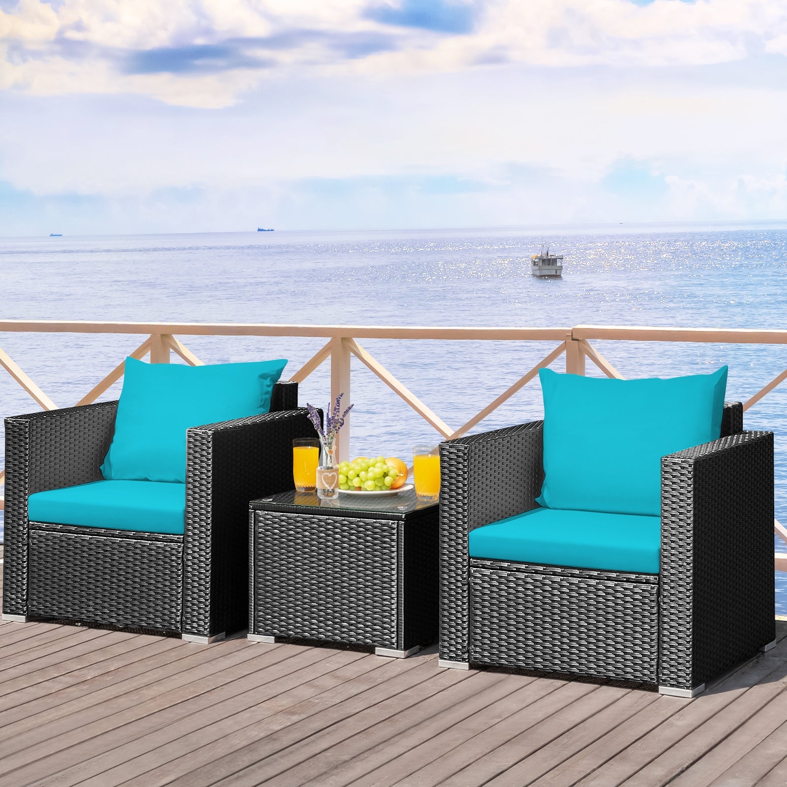 3 Pieces Patio Wicker Conversation Set with Cushion-TurquoiseÂ
