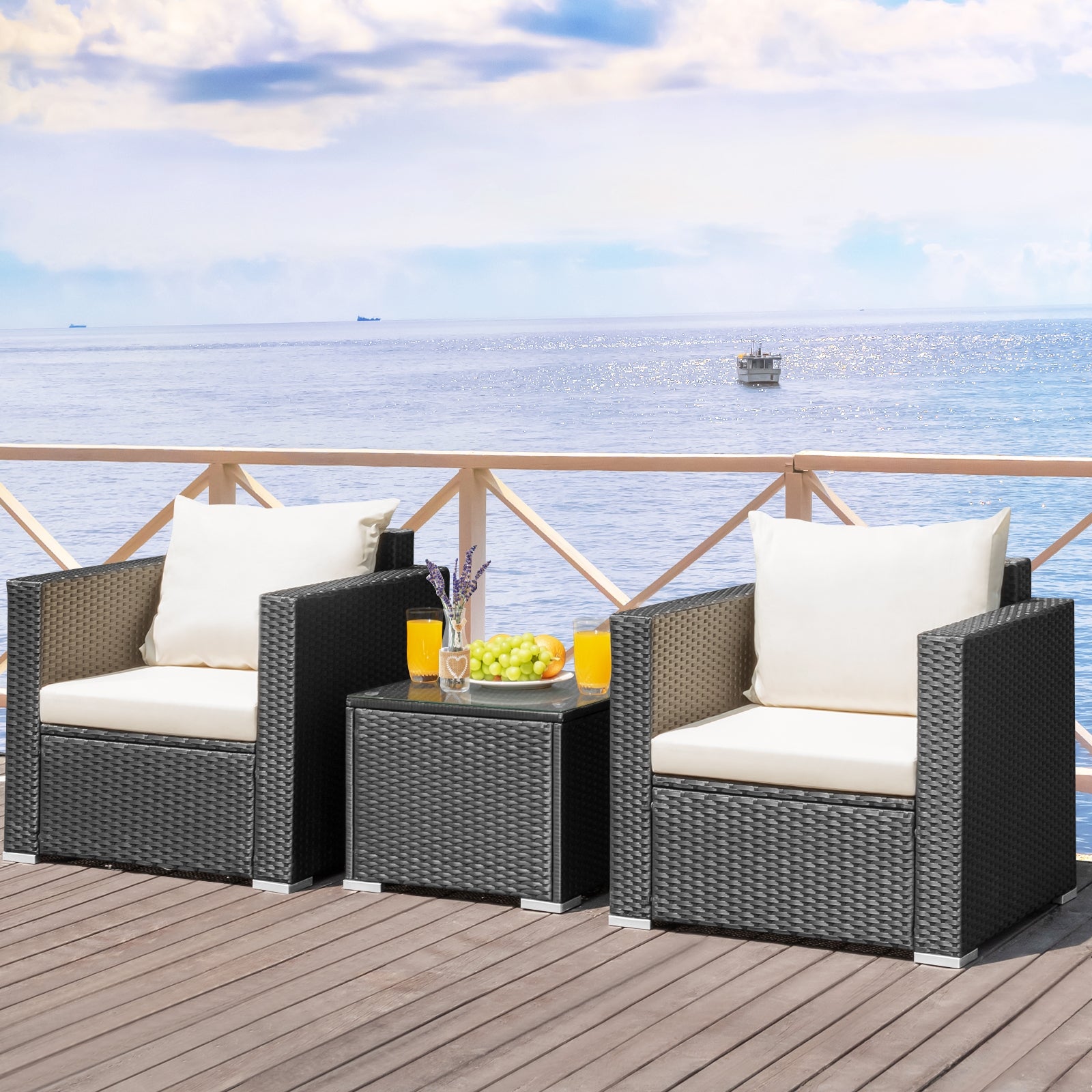 3 Pieces Patio wicker Furniture Set with Cushion-WhiteÂ