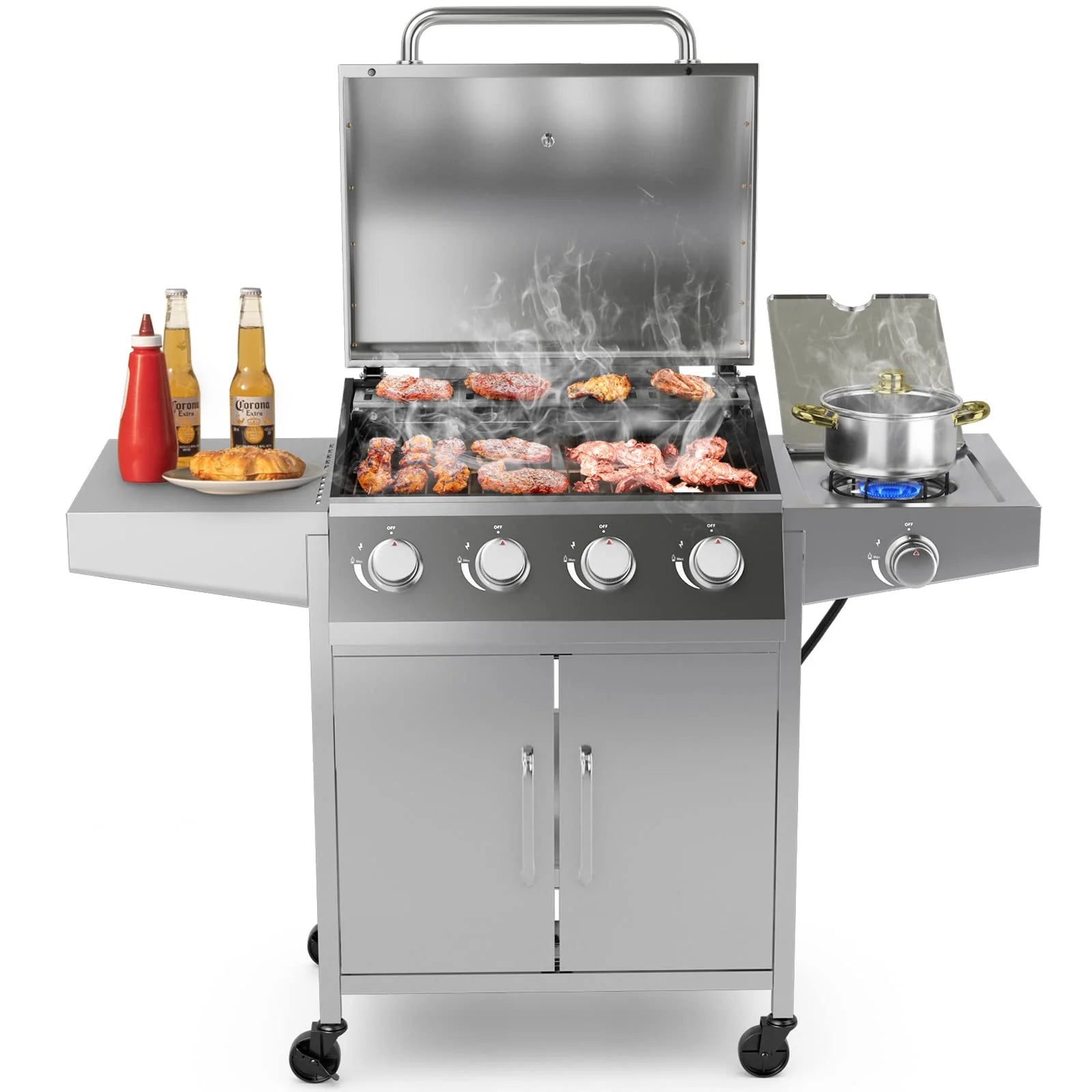 Giantex 4 Burner Propane Gas Grill with Side Burner, 50,000 BTU Stainless Steel Outdoor BBQ Grill with Cabinet Storage & Side Prep Tables