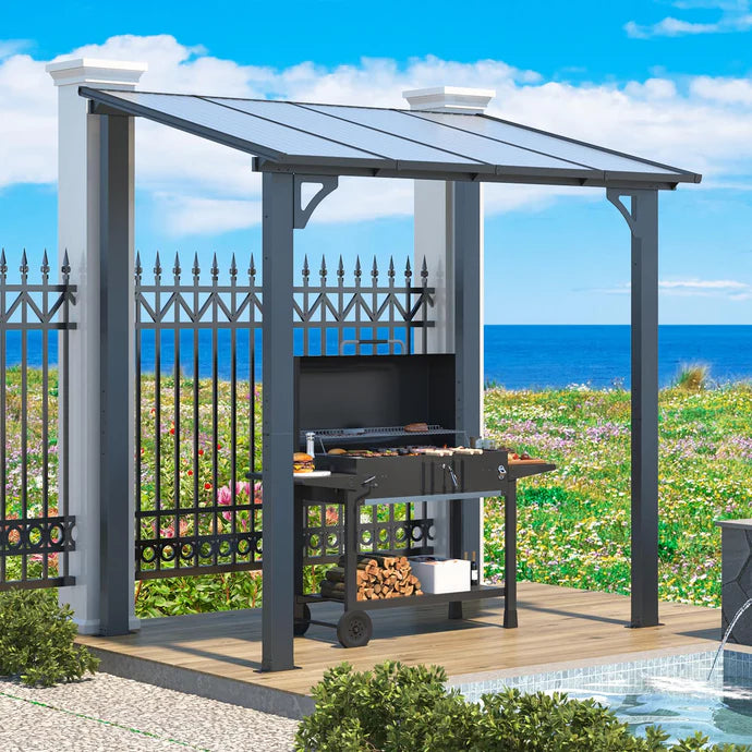 AECOJOY 8' x 5' Wall-Mounted Gazebo Pergola – Hardtop Polycarbonate Roof Patio Cover