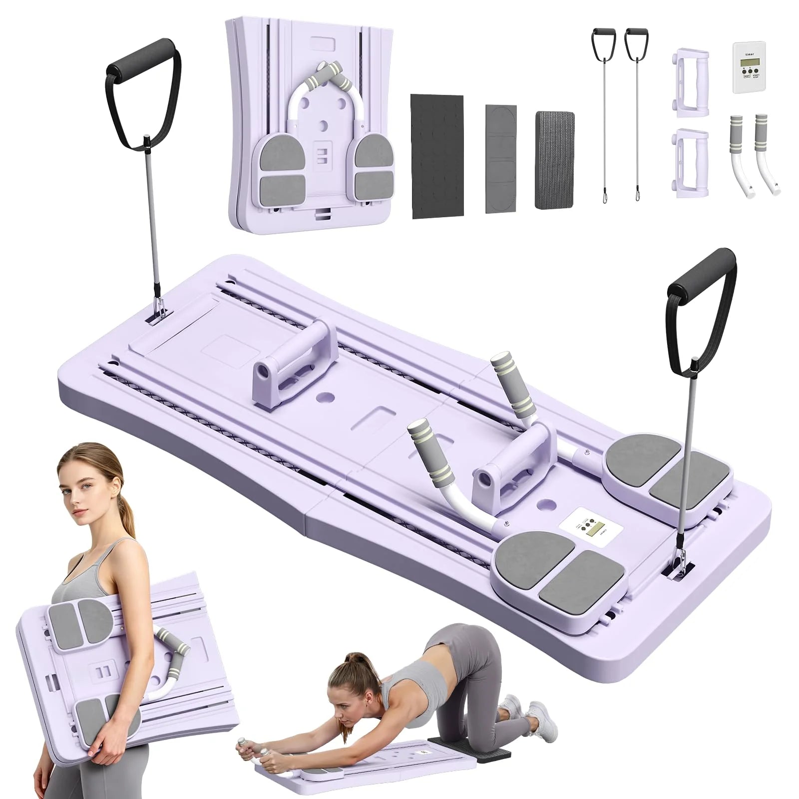 5-in-1 Foldable Pilates Reformer Board with LED Counter | Home Fitness Workout Board with Resistance Bands, Purple or Black