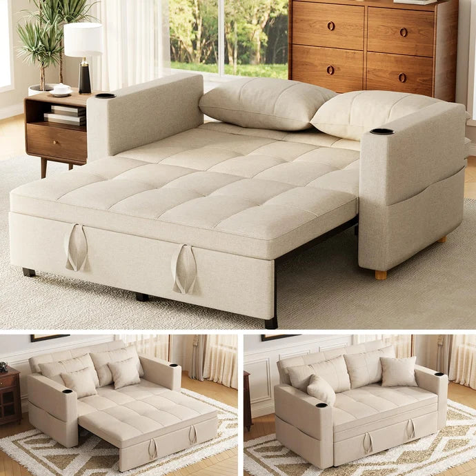 63" 3-in-1 Convertible Sleeper Sofa Bed with Adjustable Backrest & Cup Holders