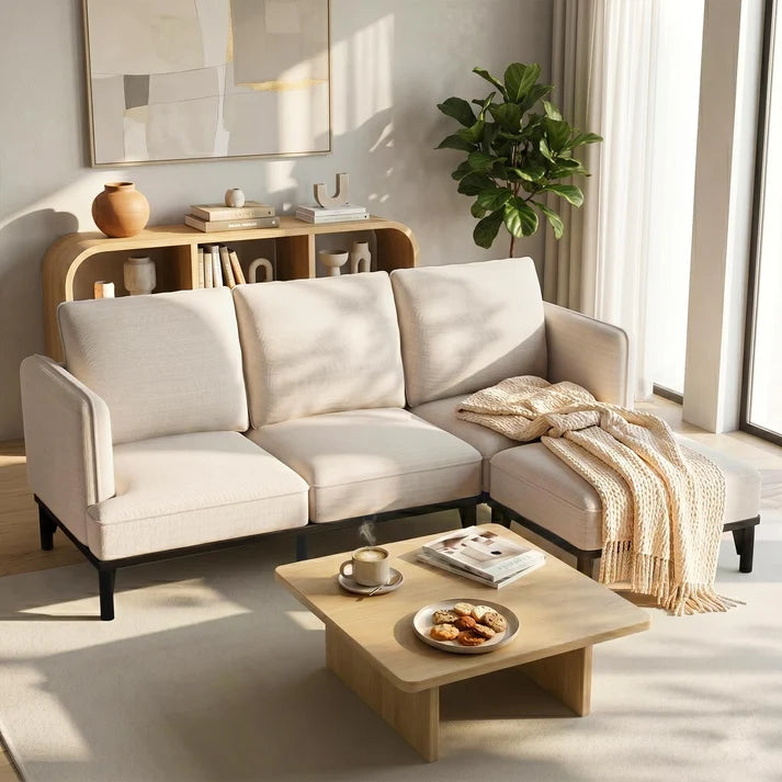 Modular 3-Seater Sofa Bed with Ottoman – Cloud Couch Lounge with Deep Cushions, Grey & Beige