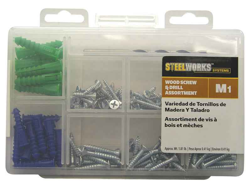 Hillman 130250 Wood Screw and Drill Bit Kit, Steel, Zinc, 168-Piece