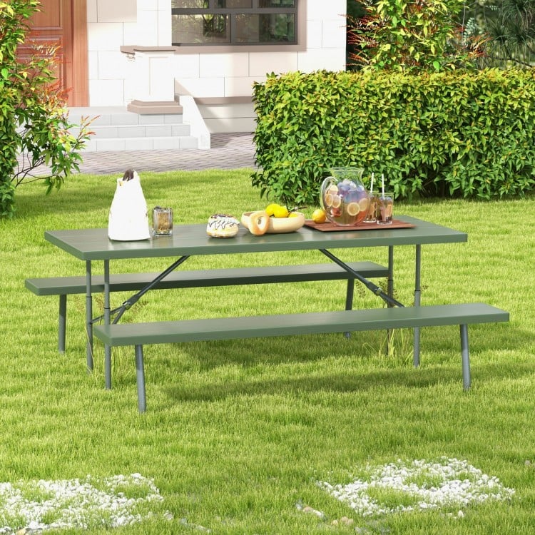 Folding Picnic Table Set with Metal Frame and All-Weather HDPE Tabletop Umbrella Hole-Green
