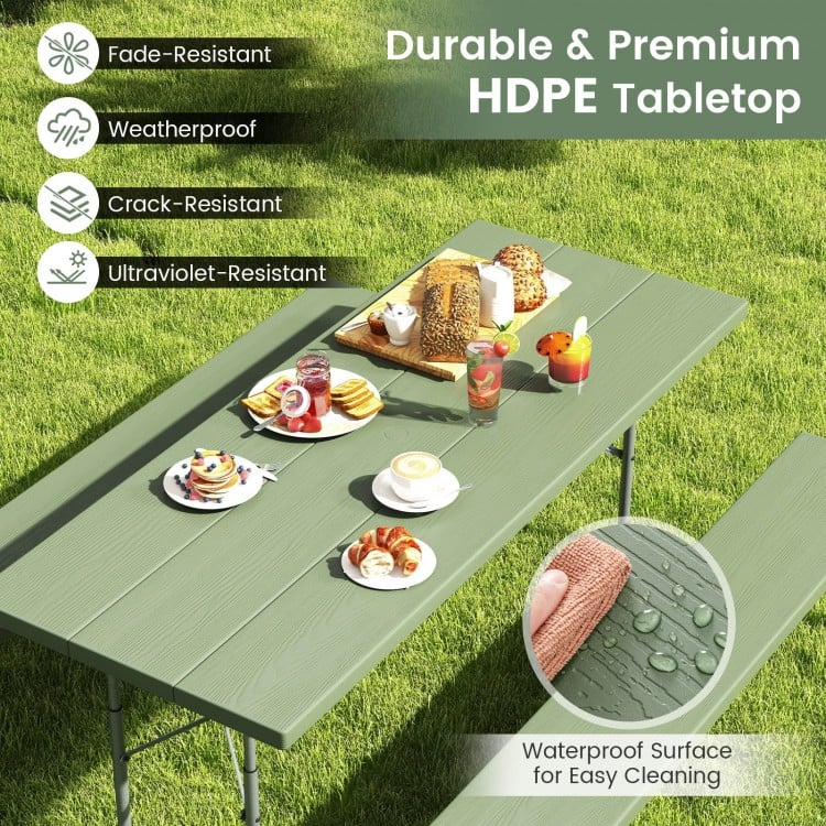 Folding Picnic Table Set with Metal Frame and All-Weather HDPE Tabletop Umbrella Hole-Green
