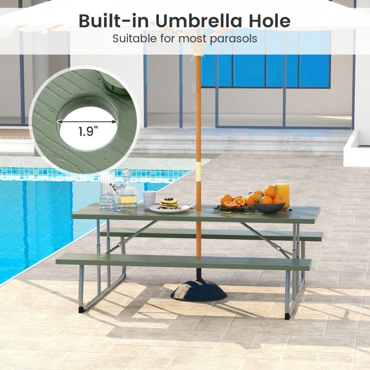 Folding Picnic Table Set with Metal Frame and All-Weather HDPE Tabletop Umbrella Hole-Green