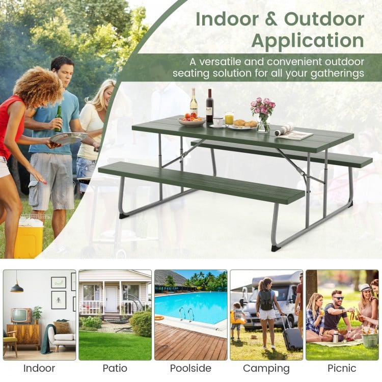 Folding Picnic Table Set with Metal Frame and All-Weather HDPE Tabletop Umbrella Hole-Green