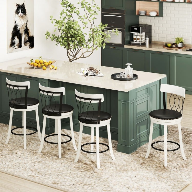 Set of 2 Bar Stools Swivel Bar Chairs with Footrest Rubber Wood Frame and Tufted Rivets-26 inches