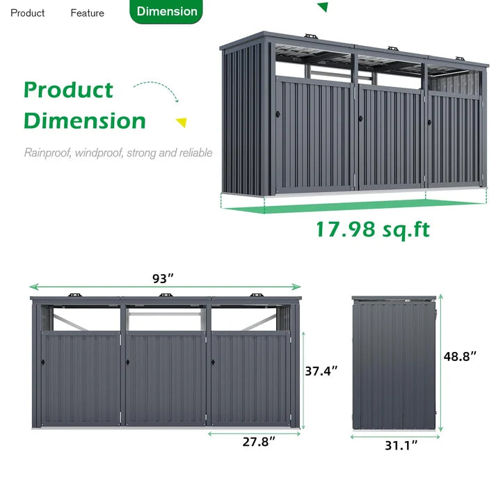 7.7 × 2.6 FT Outdoor Garbage Bin Storage Shed – Metal Enclosure for 3 Trash Cans with Lockable Doors & Lift-Up Lids