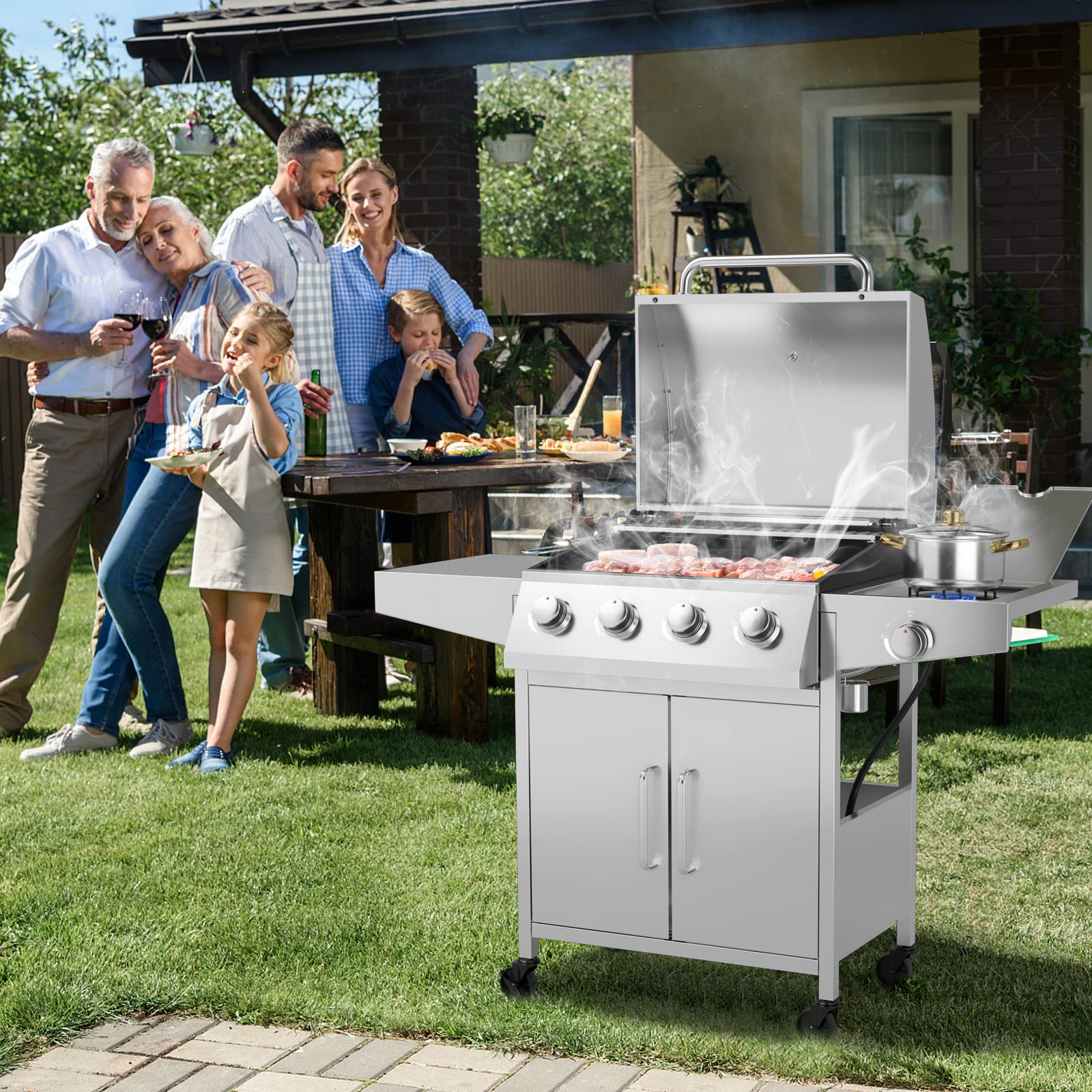 Giantex 4 Burner Propane Gas Grill with Side Burner, 50,000 BTU Stainless Steel Outdoor BBQ Grill with Cabinet Storage & Side Prep Tables