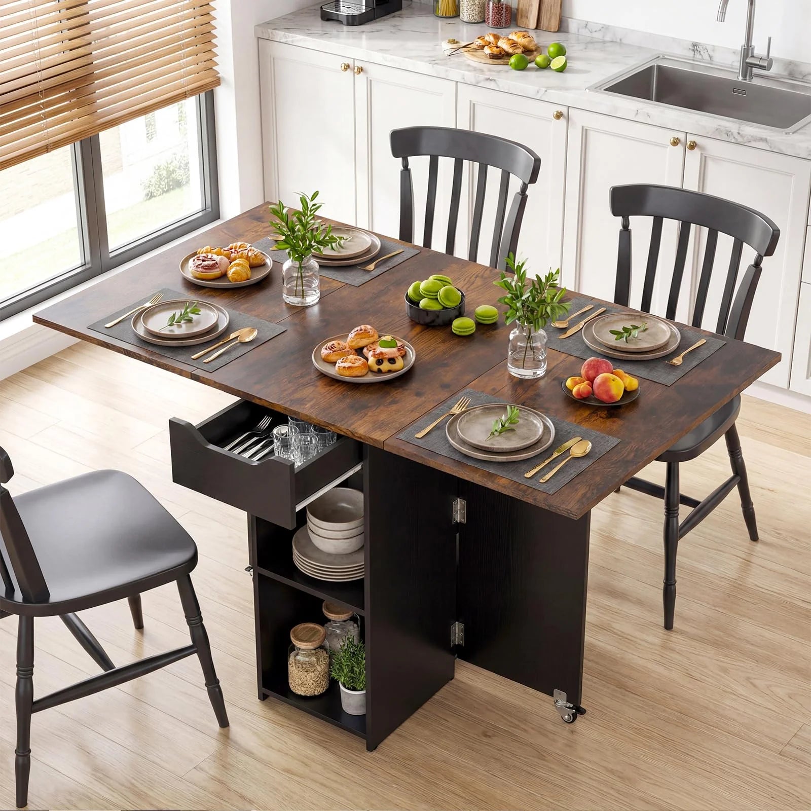 47.5" Folding Dining Table with Storage Shelf & Drawer | 3-in-1 Drop Leaf Table