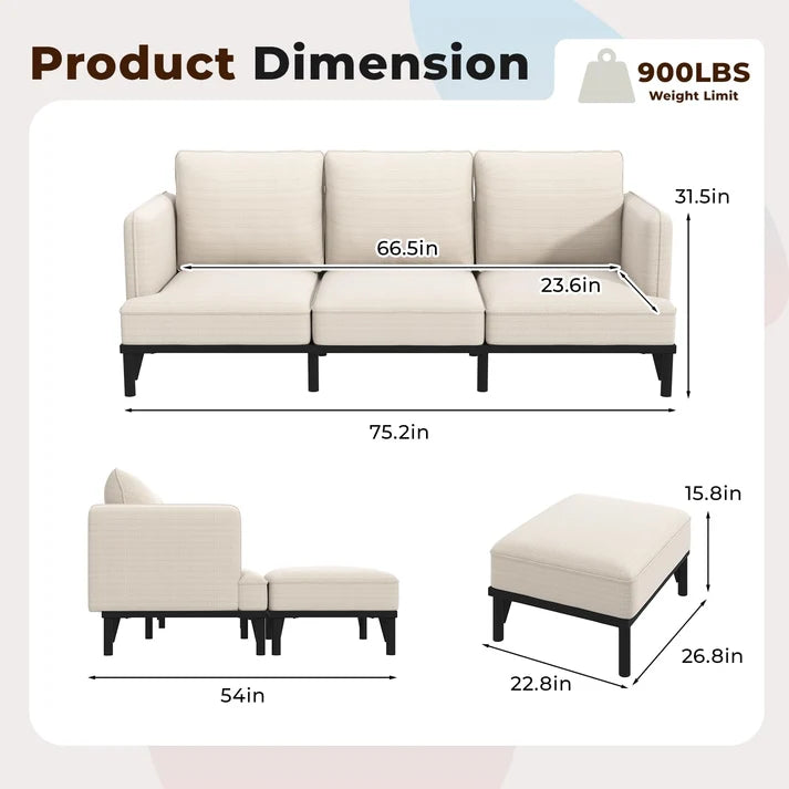 Modular 3-Seater Sofa Bed with Ottoman – Cloud Couch Lounge with Deep Cushions, Grey & Beige