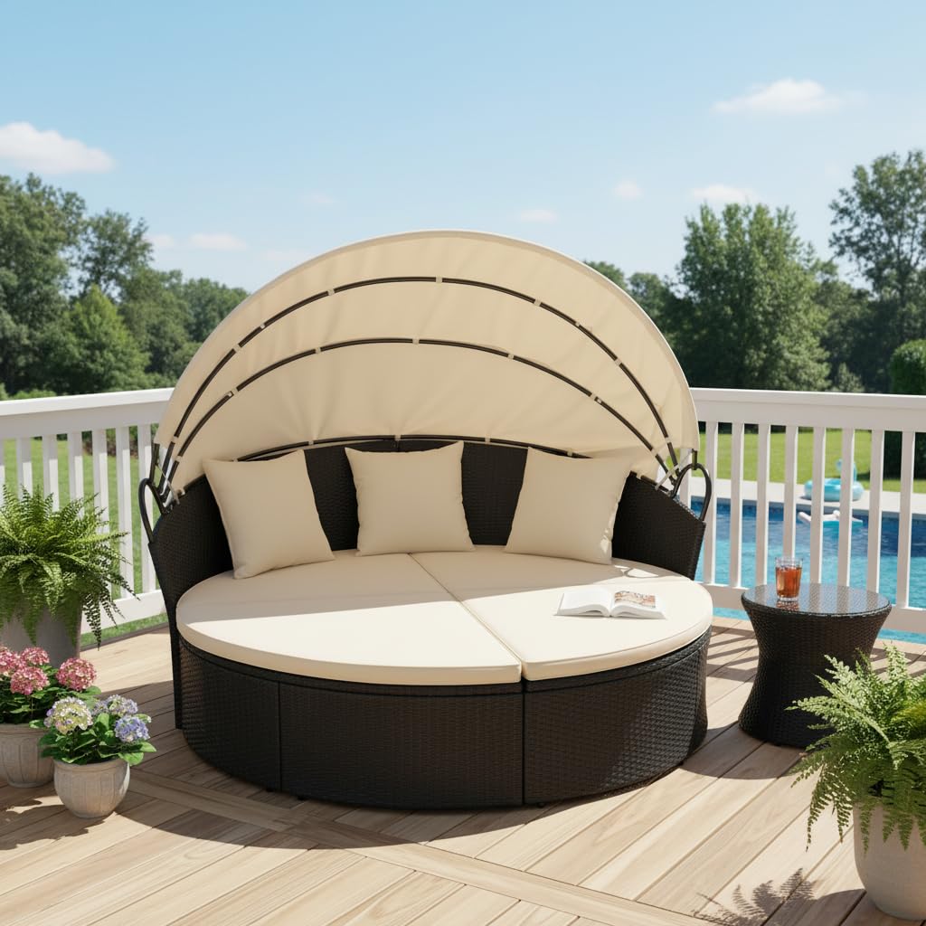 Outdoor Patio Round Daybed with Retractable Canopy & Cushions