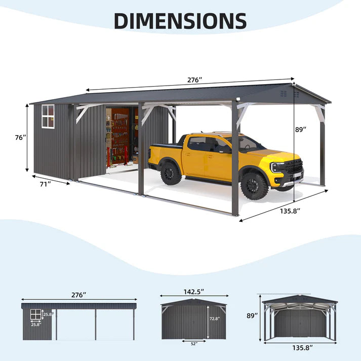 YODOLLA 12' x 23' Outdoor Storage Shed & Heavy Duty Metal Carport Shelter – Waterproof Weather-Resistant Garage with Locking Storage Room, Dark Grey