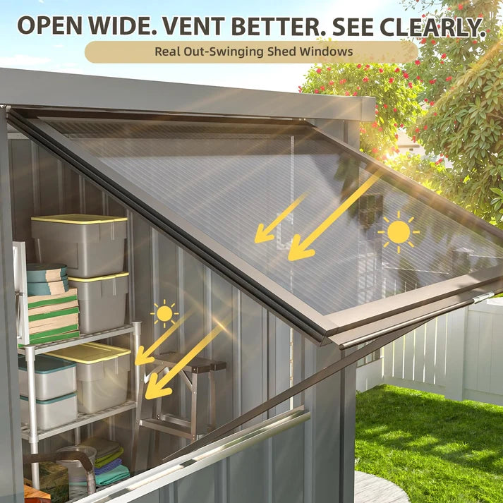 Corner Outdoor Storage Shed with Openable Windows – Dark Grey Metal Garden Storage Shelter