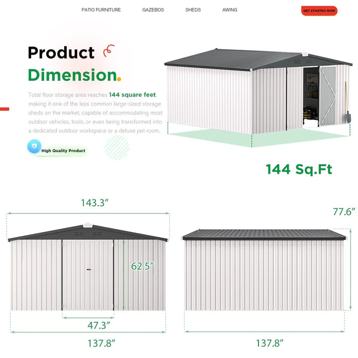 Yodolla 12' x 12' Heavy Duty Outdoor Metal Storage Shed with Lockable Door – Weather Resistant Garden Utility Shed