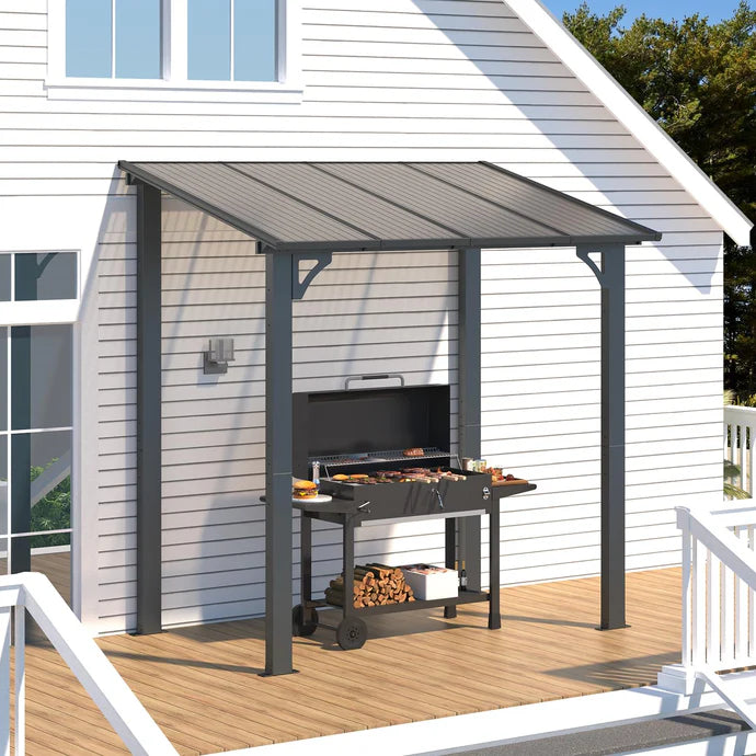 AECOJOY 8' x 5' Wall-Mounted Gazebo Pergola – Hardtop Polycarbonate Roof Patio Cover