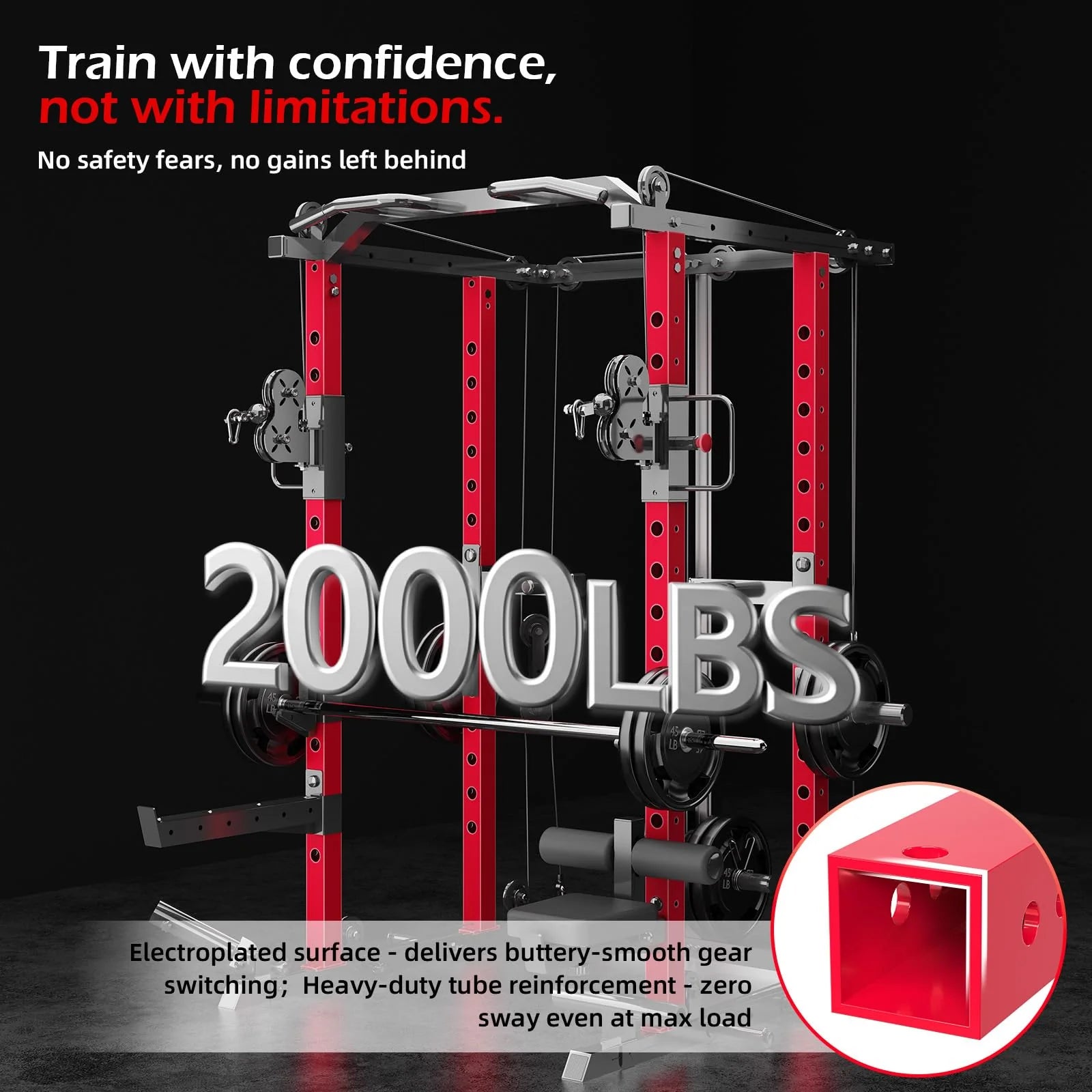 YODOLLA Power Squat Rack Cage with LAT Pulldown β Full Body Home Gym System (Black/Red)