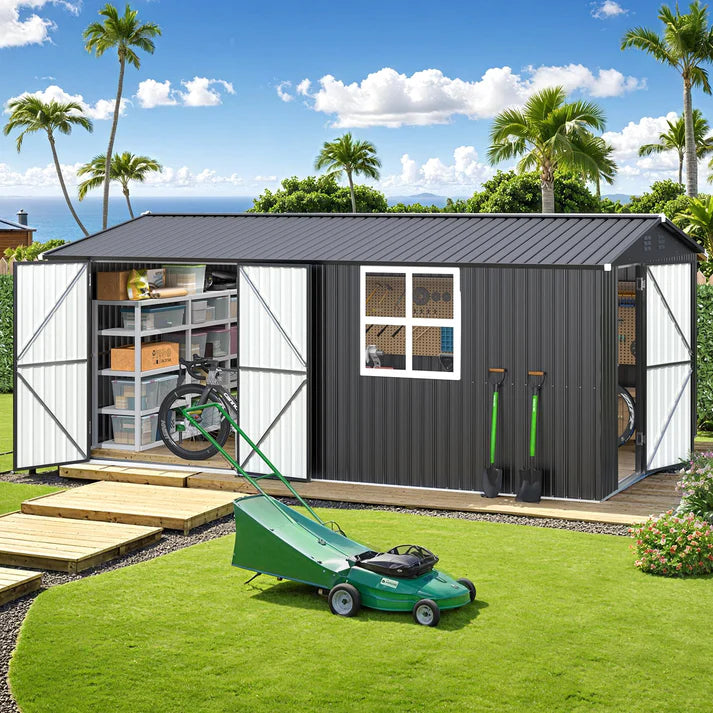 16' x 12' Outdoor Metal Storage Shed | Heavy-Duty Garden Shed with Double Doors, Dark Gray