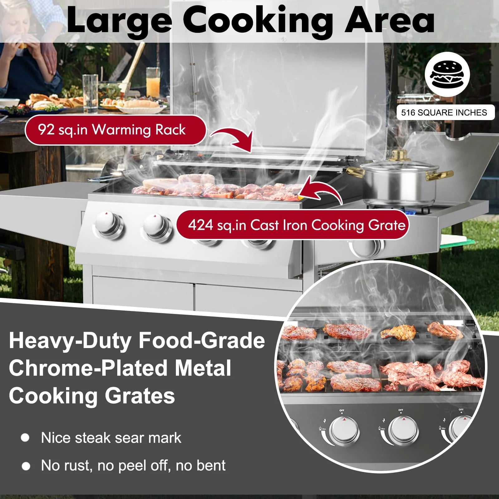 Giantex 4 Burner Propane Gas Grill with Side Burner, 50,000 BTU Stainless Steel Outdoor BBQ Grill with Cabinet Storage & Side Prep Tables