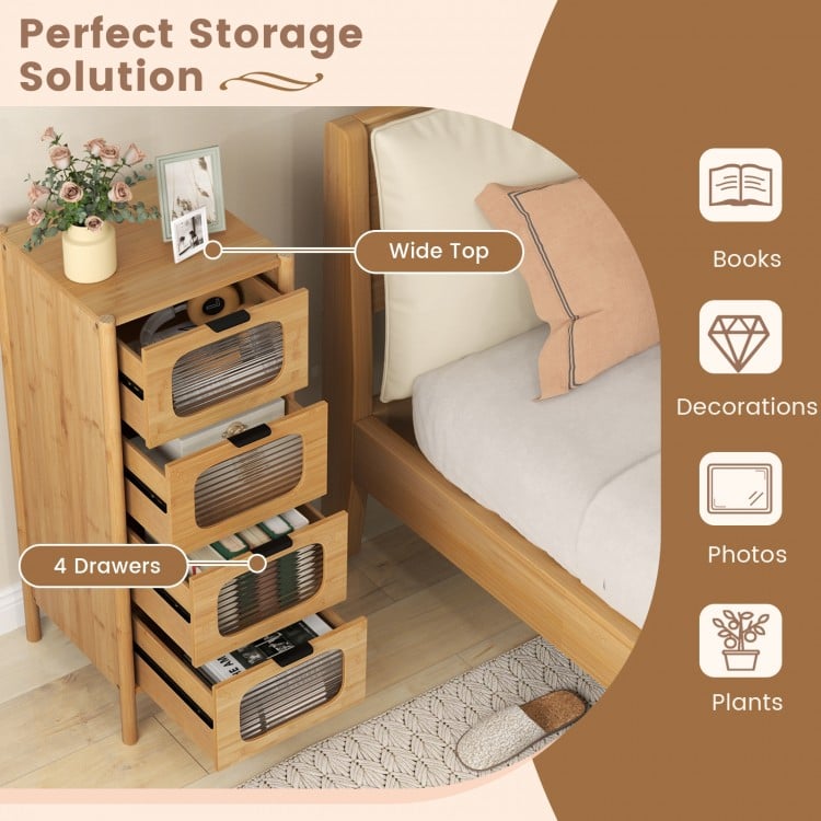 4-Drawer Dresser Bamboo Storage Cabinet with Fluted Tempered Glass Drawers-Natural