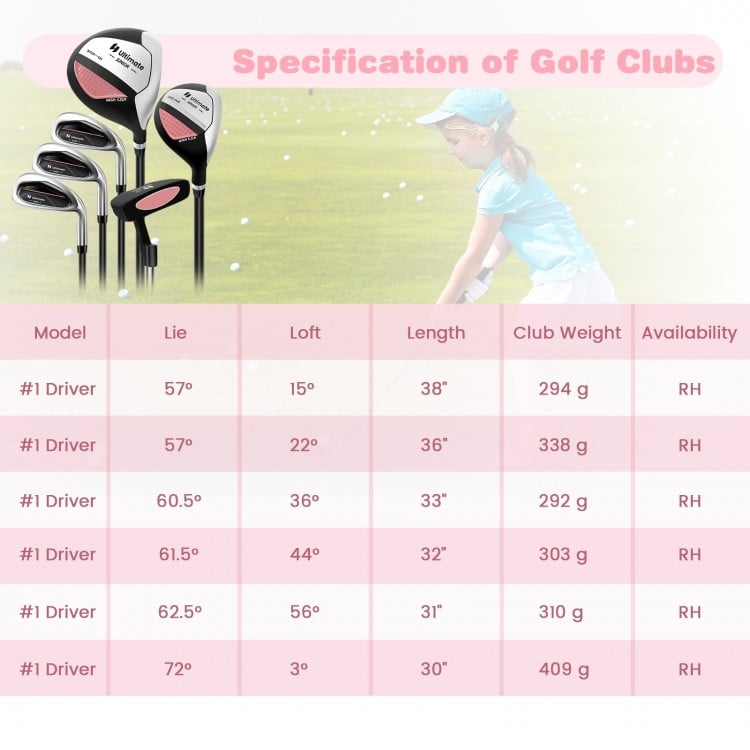 Junior Complete Golf Club Set with Stand Bag Rain Hood-Pink