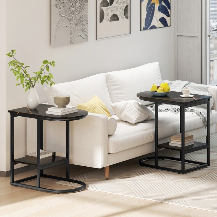 C-shaped Modern Sofa Side Table with Faux Marble Tabletop and Storage Shelf-Black