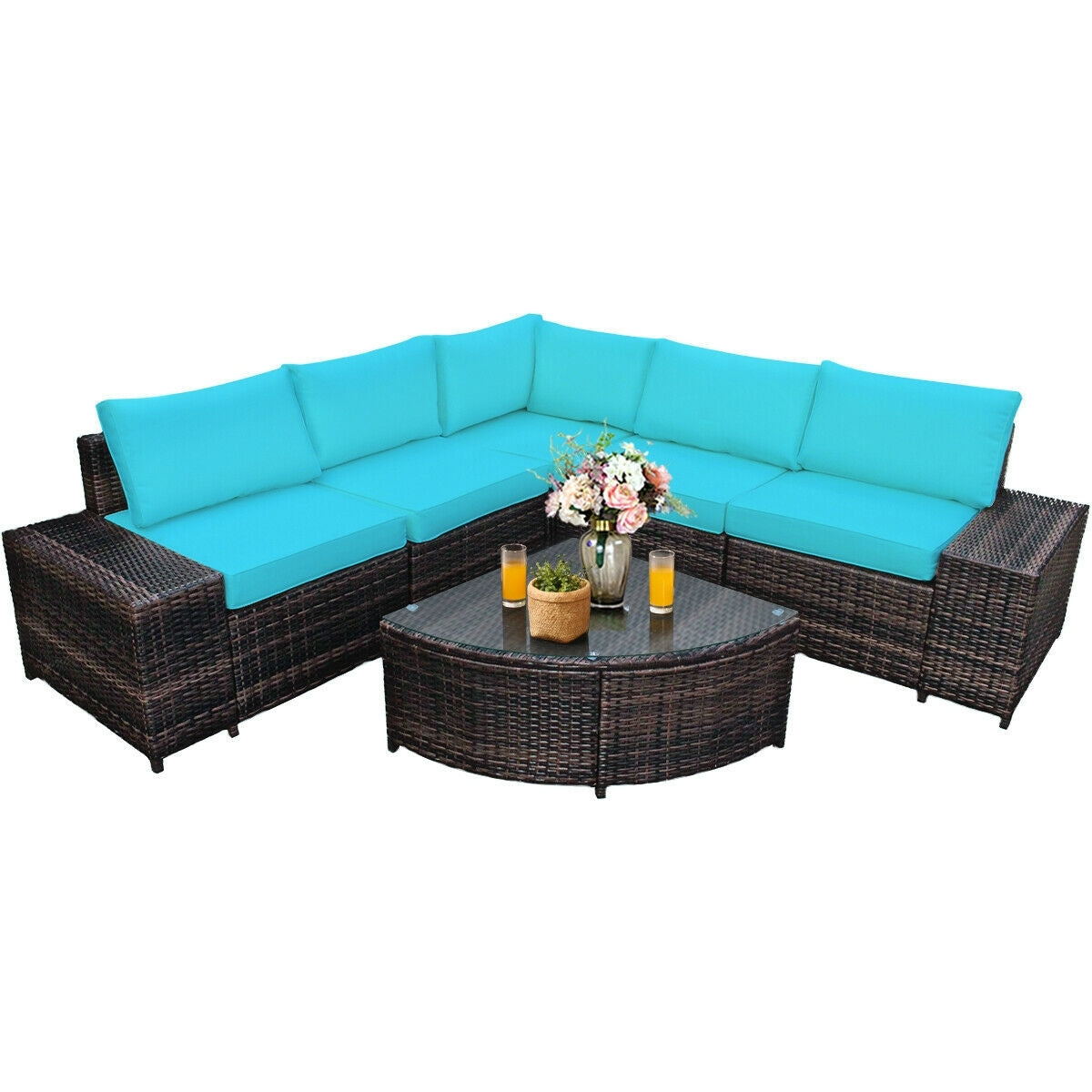 6 Pieces Rattan Furniture Cushioned Sofa Set-Turquoise