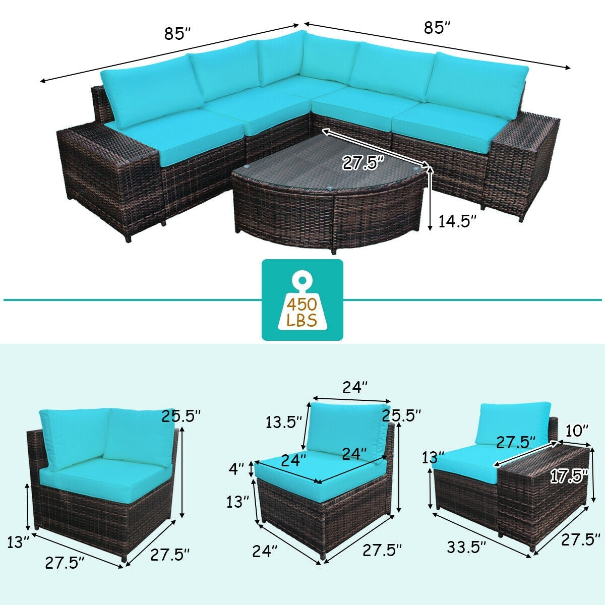 6 Pieces Rattan Furniture Cushioned Sofa Set-Turquoise
