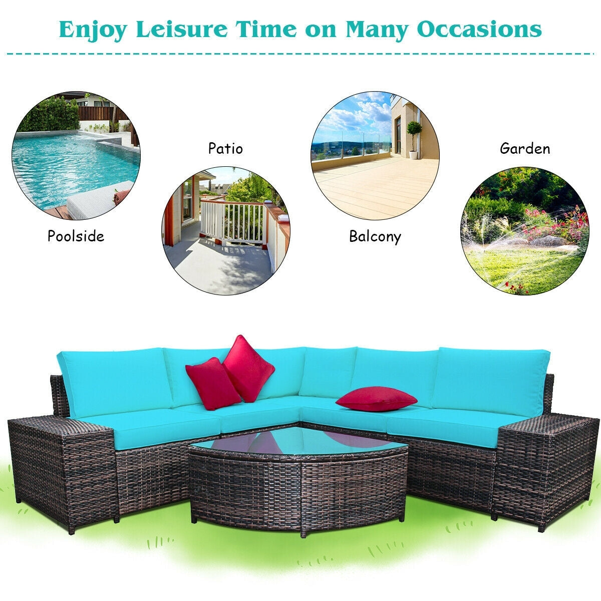 6 Pieces Rattan Furniture Cushioned Sofa Set-Turquoise
