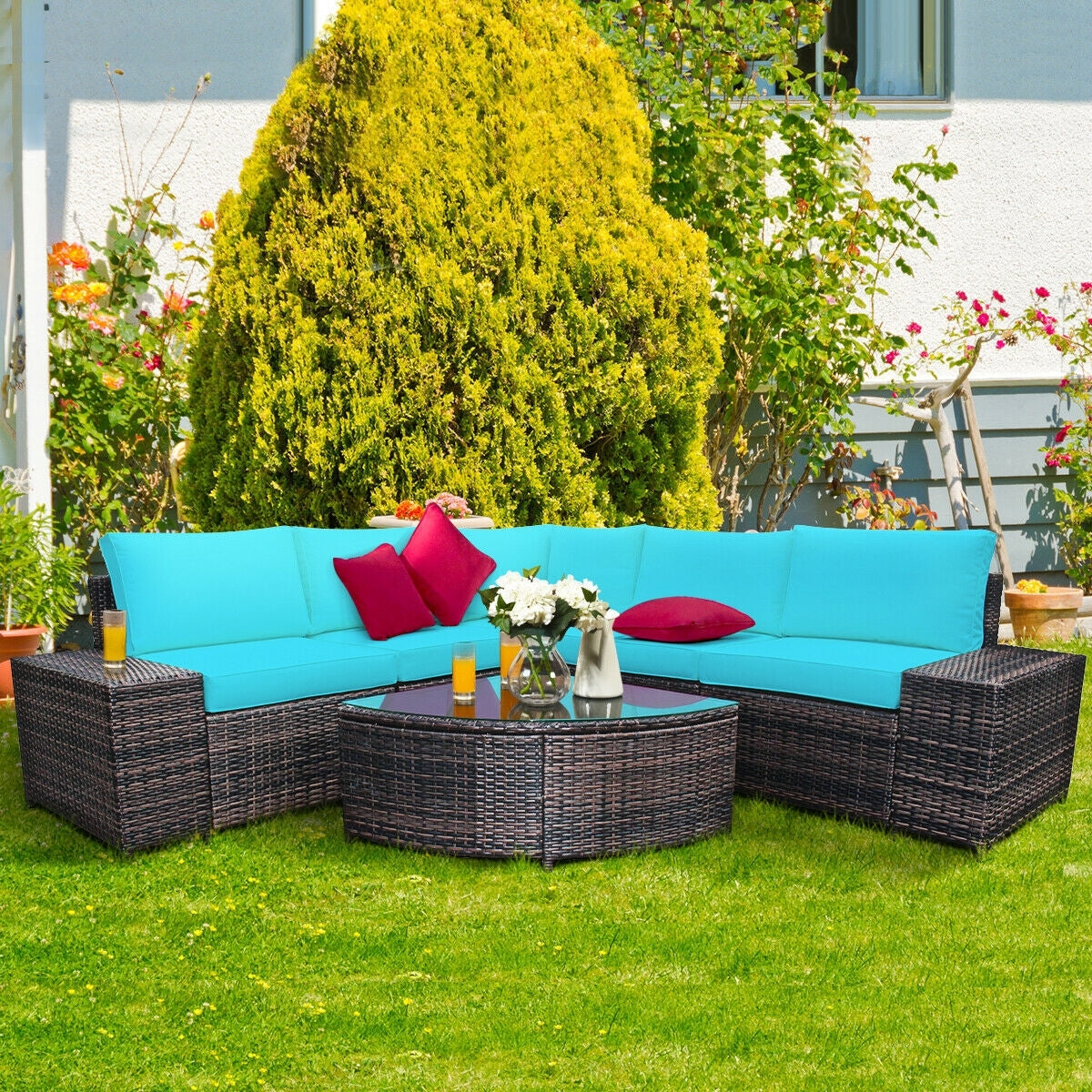 6 Pieces Rattan Furniture Cushioned Sofa Set-Turquoise