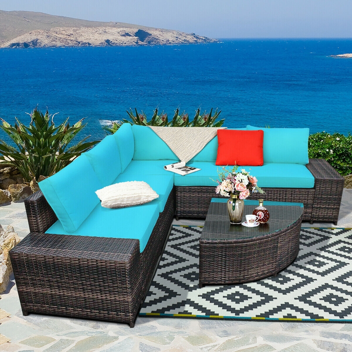 6 Pieces Rattan Furniture Cushioned Sofa Set-Turquoise