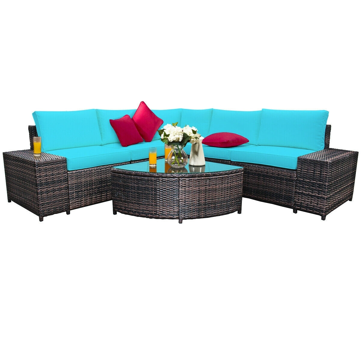 6 Pieces Rattan Furniture Cushioned Sofa Set-Turquoise