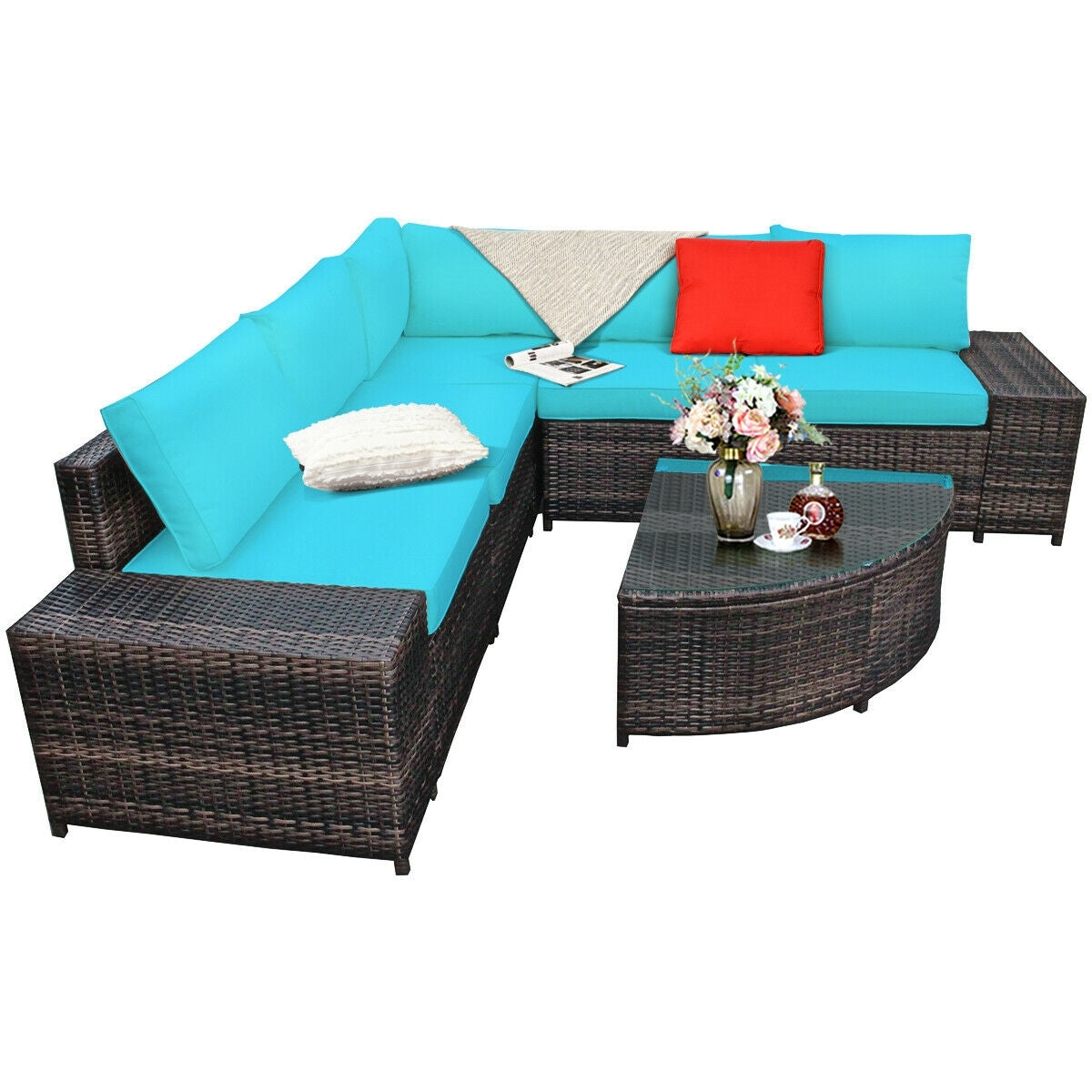 6 Pieces Rattan Furniture Cushioned Sofa Set-Turquoise