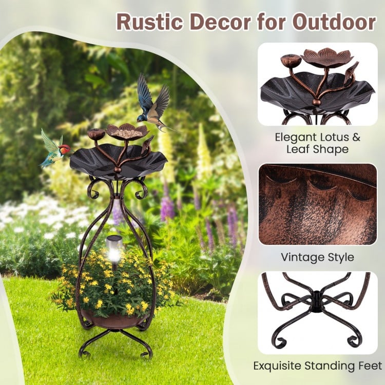 Solar Outdoor Bird Bath Feeder Combo with Flower Planter Pedestal and Solar Lights-Copper
