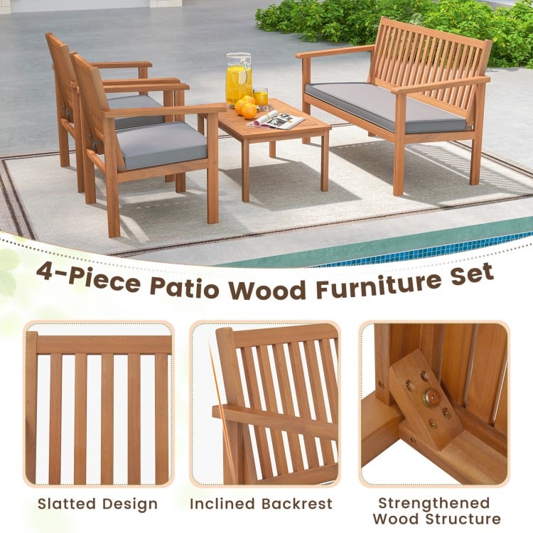 4 Piece Patio Wood Furniture Set Acacia Wood Sofa Set with Loveseat-Gray