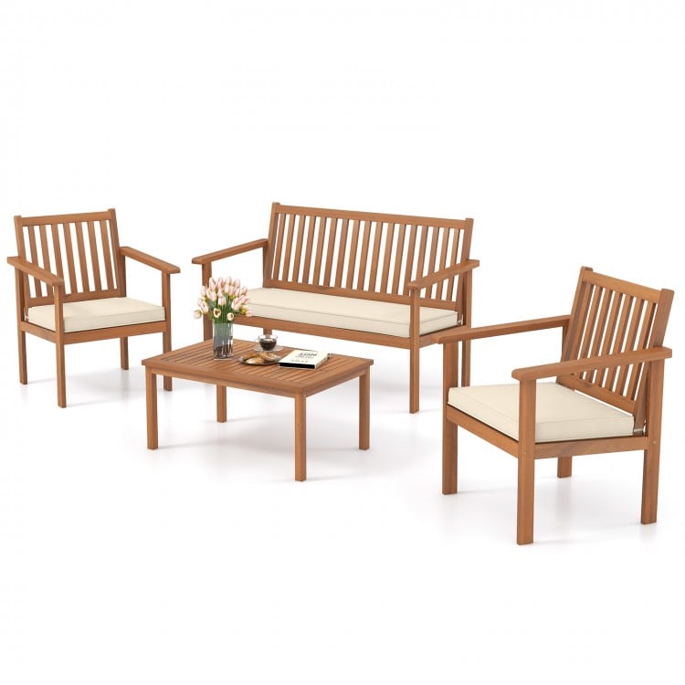 4 Piece Patio Wood Furniture Set Acacia Wood Sofa Set with Loveseat-Off White