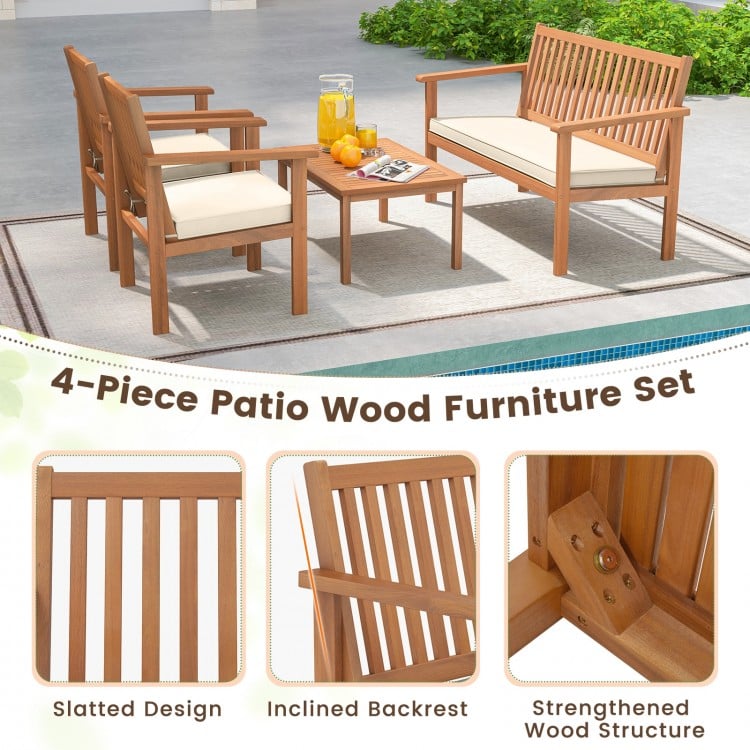 4 Piece Patio Wood Furniture Set Acacia Wood Sofa Set with Loveseat-Off White