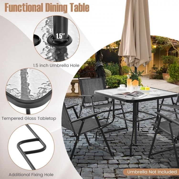 34 Inch Outdoor Dining Table Square Tempered Glass Table with 1.5 Inch Umbrella Hole-Black