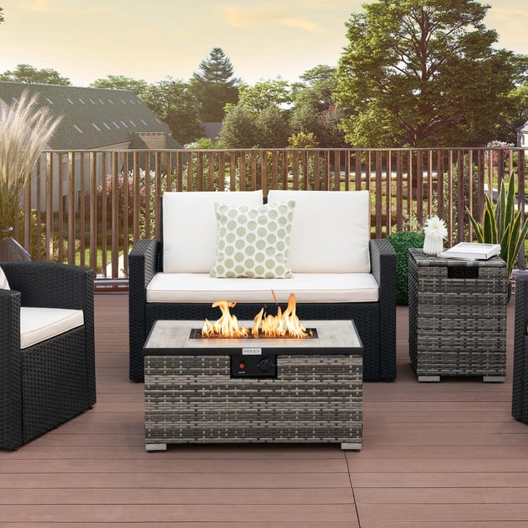 32 Inch x 20 Inch Propane Rattan Fire Pit Table Set with Side Table Tank and Cover