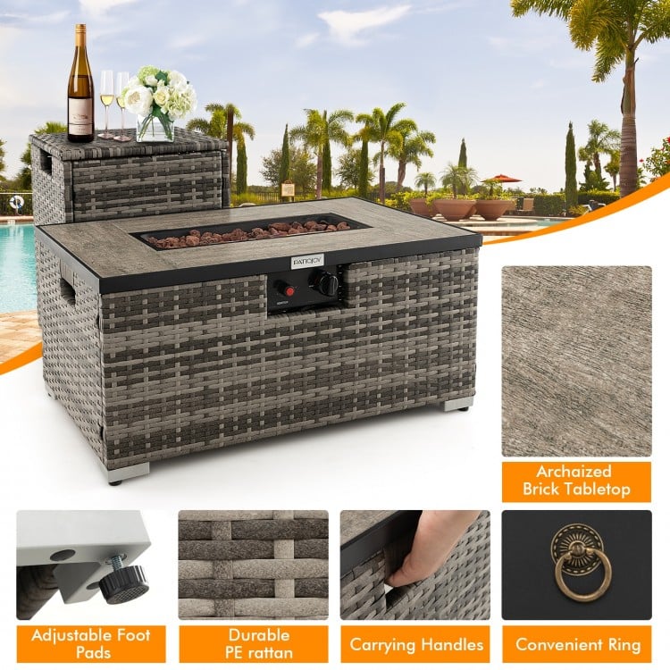 32 Inch x 20 Inch Propane Rattan Fire Pit Table Set with Side Table Tank and Cover