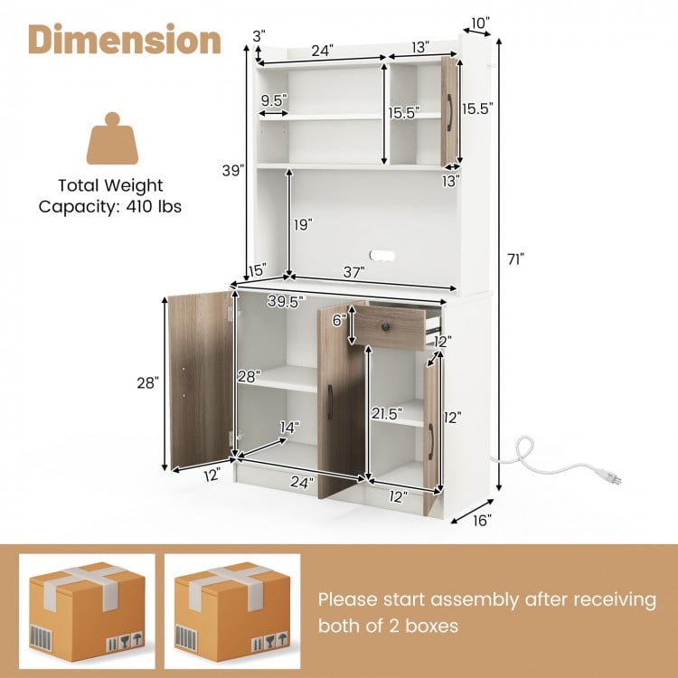 71 Inch Kitchen Pantry Storage Cabinet Buffet Sideboard with Built-in Charge Station-White