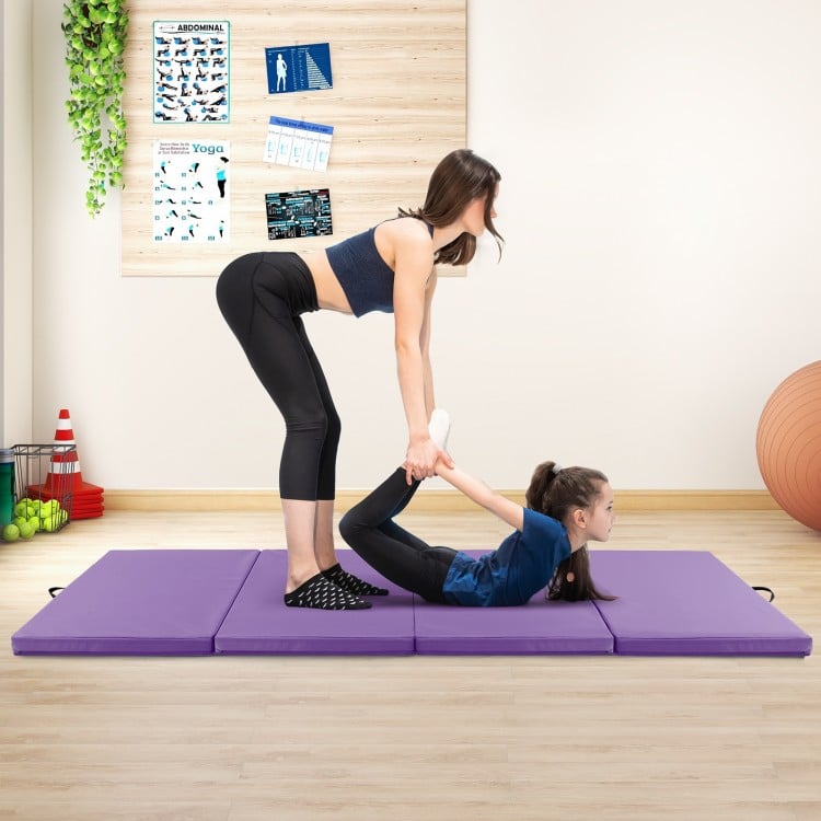 4-Panel PU Leather Folding Exercise Mat with Carrying Handles-Purple