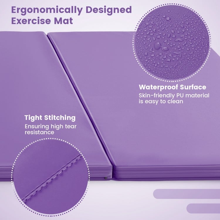 4-Panel PU Leather Folding Exercise Mat with Carrying Handles-Purple