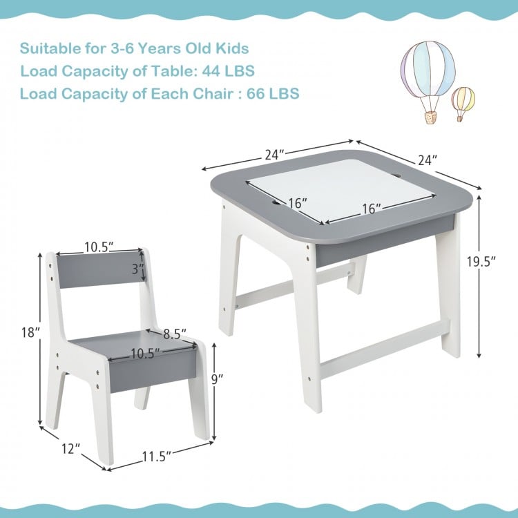 Kid's Table and Chairs Set with Double-sized Tabletop-Gray
